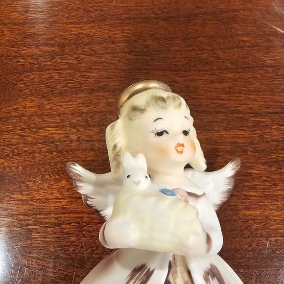 Vintage Ceramic Angel Figurine With Gold-tone Halo & Bunny - Picture 3 of 6